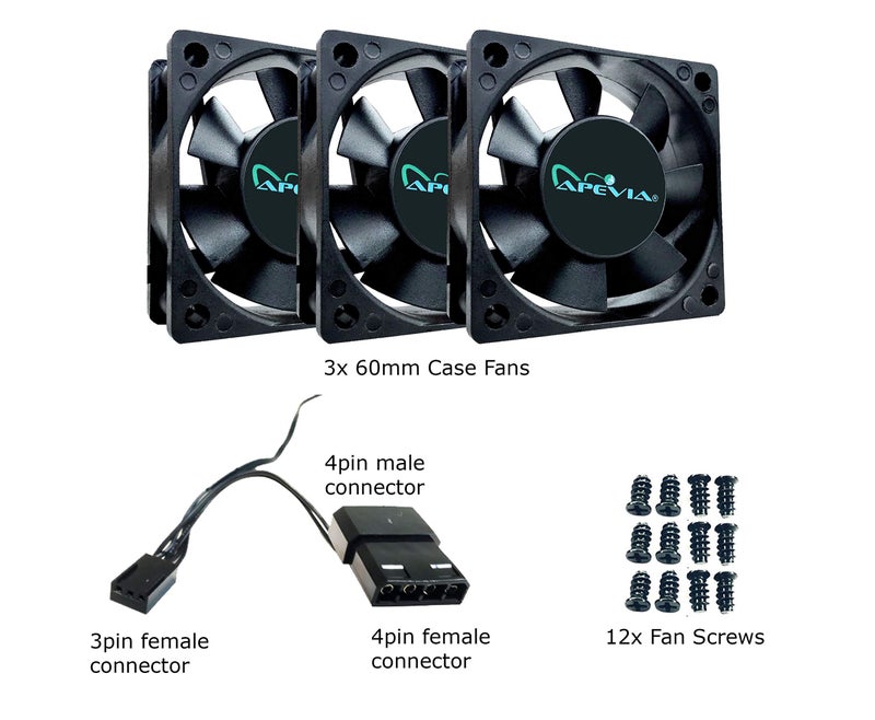 APEVIA مروحة صندوق سوداء Apevia CF6025S-3 (3 عبوة) 60 مم × 60 مم × 25 مم مع موصل 4PIN Molex + محول 3PIN للوحة الأم - Image 4